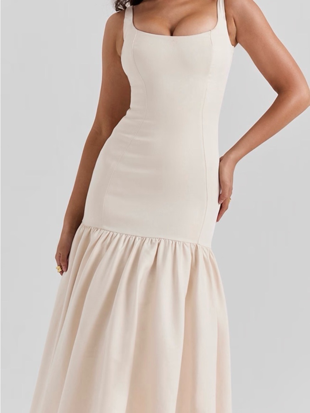 House of CB Cream Fitted Midi Dress with Gathered Hem